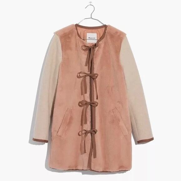 Madewell Brown Beige Colorblock Faux Mink Fur Long Length Ribbon Tie Jacket - Picture 2 of 16